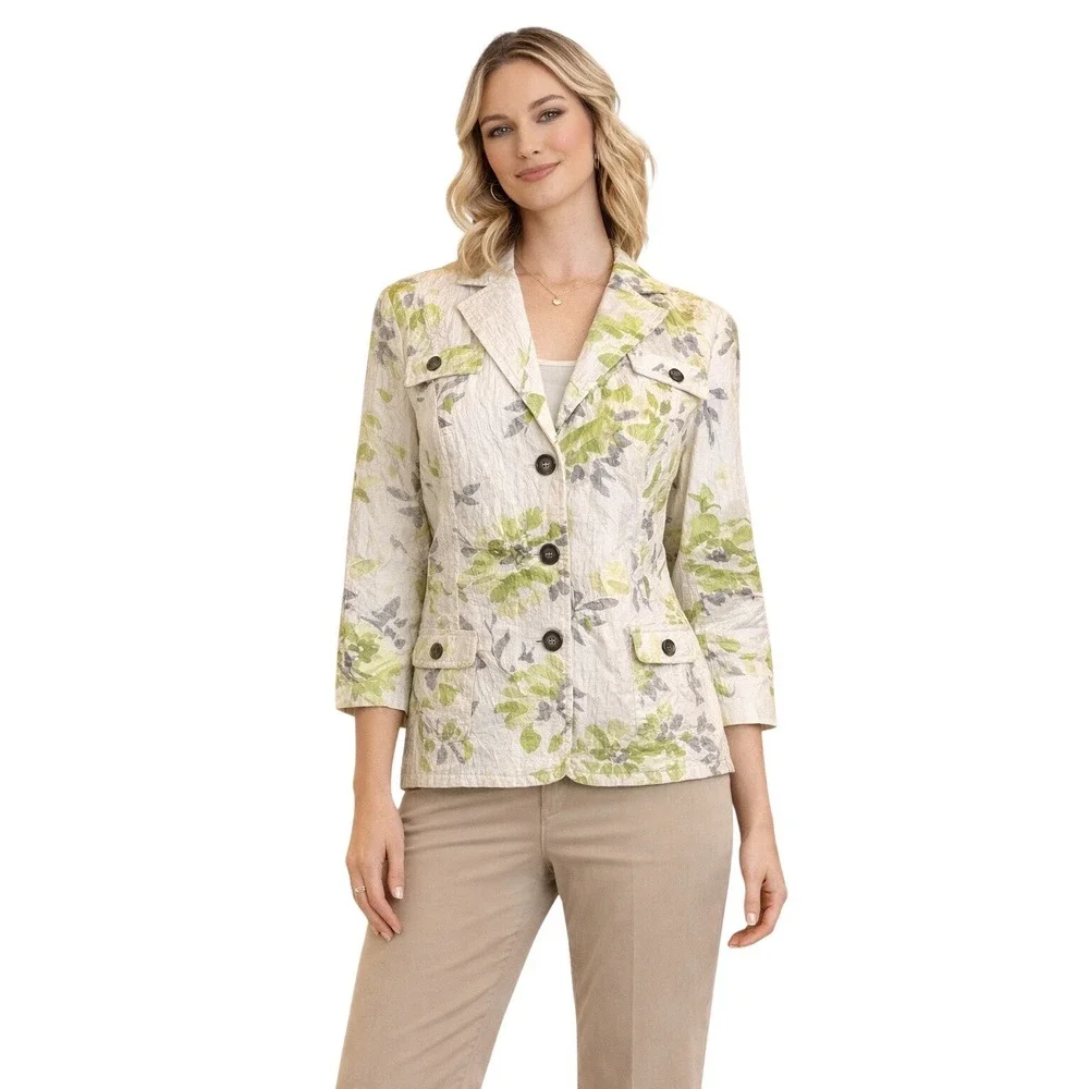 Coldwater Creek Womens P12 White Green Floral Crinkle 3/4 Sleeve‎ Blazer Jacket